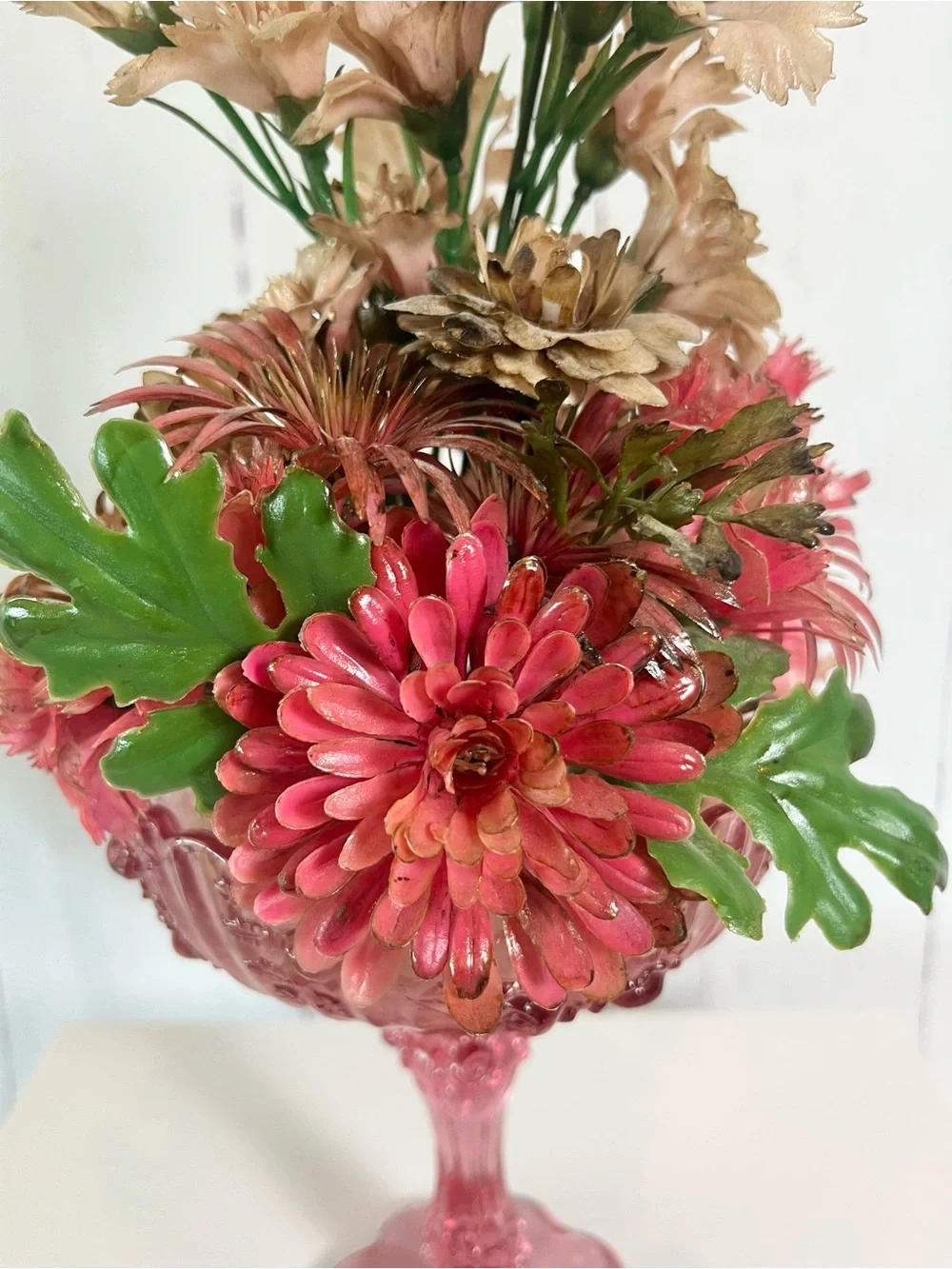 Vintage Fenton Pink Glass Compote with Mid Century Plastic Floral Arrangement